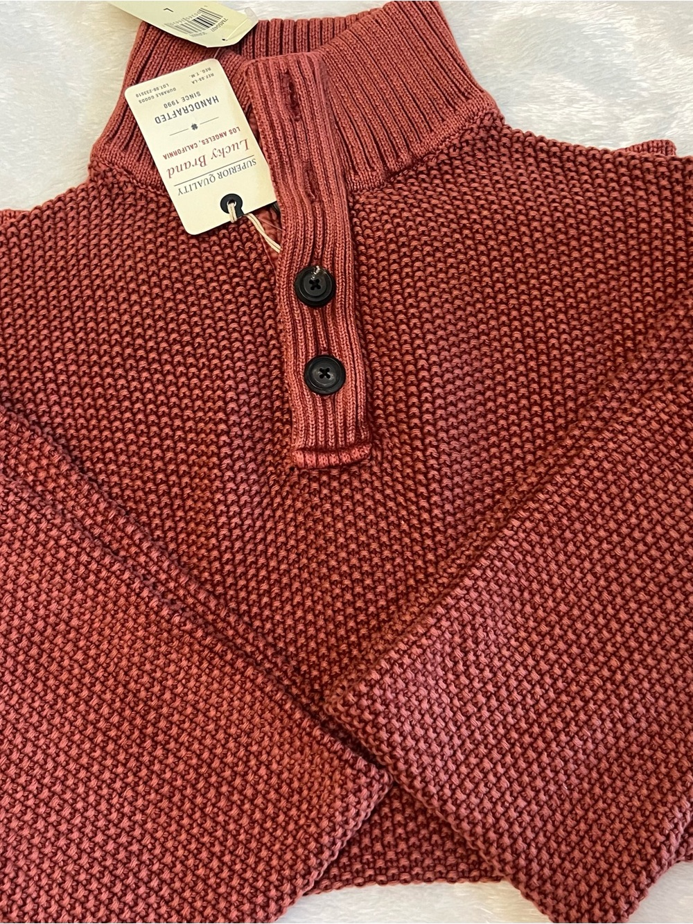 Lucky Brand Brick Red Ribbed Funnel Neck Button Pullover Sweater - Picture 3 of 9